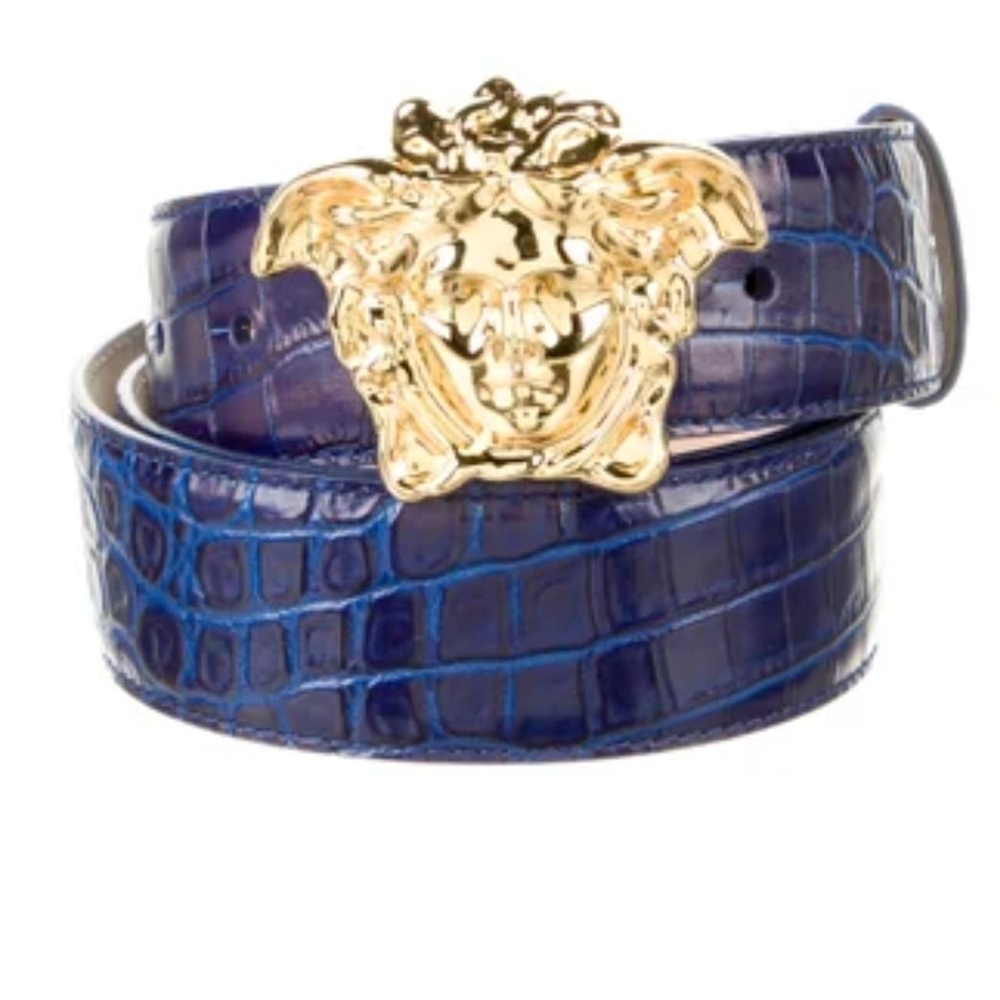 100% Authentic Versace Blue Crocodile and Gold Men's Belt